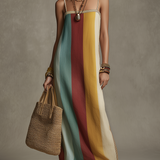 Bohemian Style Striped Color Block Spaghetti Strap Long Dress