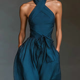 Navy Cross Halter Wide-Leg Jumpsuit With Side Pockets
