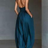 Navy Cross Halter Wide-Leg Jumpsuit With Side Pockets