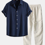 Linnen Rayon Mix Knopen Shirt & Rechte Pijpen Linnen Broek