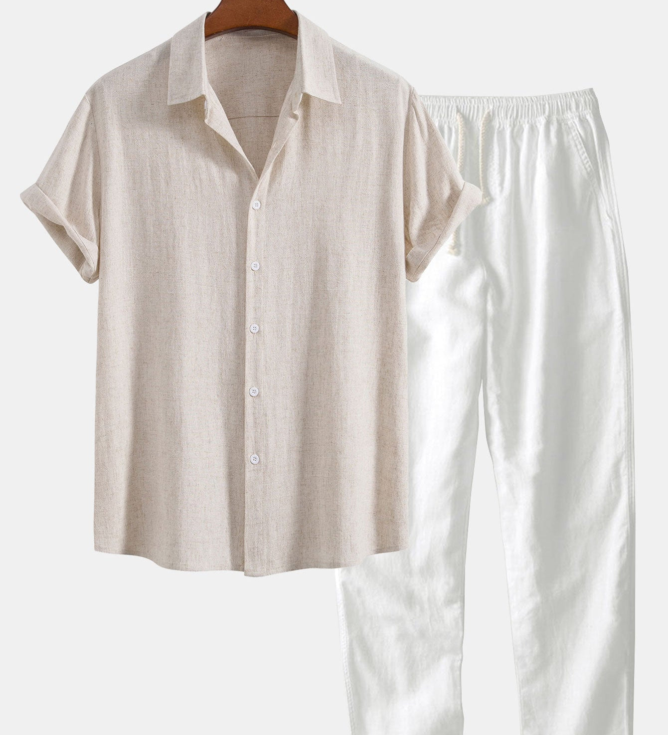 Linnen Rayon Mix Knopen Shirt & Rechte Pijpen Linnen Broek