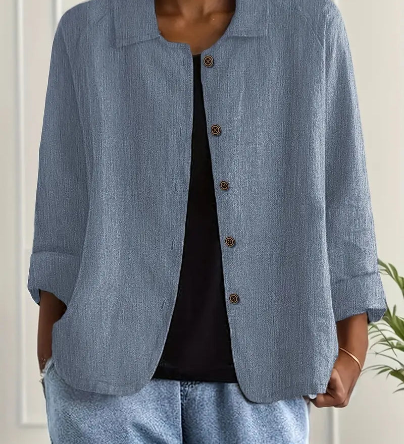 Amélie Rousseau | Sky Breeze Button Linen Jacket with Relaxed Elegance For Women