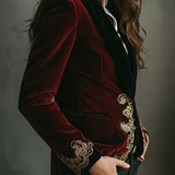 Elegant Black Collar Gold Luxury Embroidered Velvet Blazer