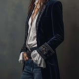 Vintage Navy Polyester Velvet Embroidered Long Jacket