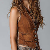 Washed Caramel Denim With Brass Button Stitching Vest