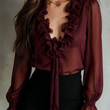 Retro Plum Sheer Ruffled Tie-Front Chiffon Blouse