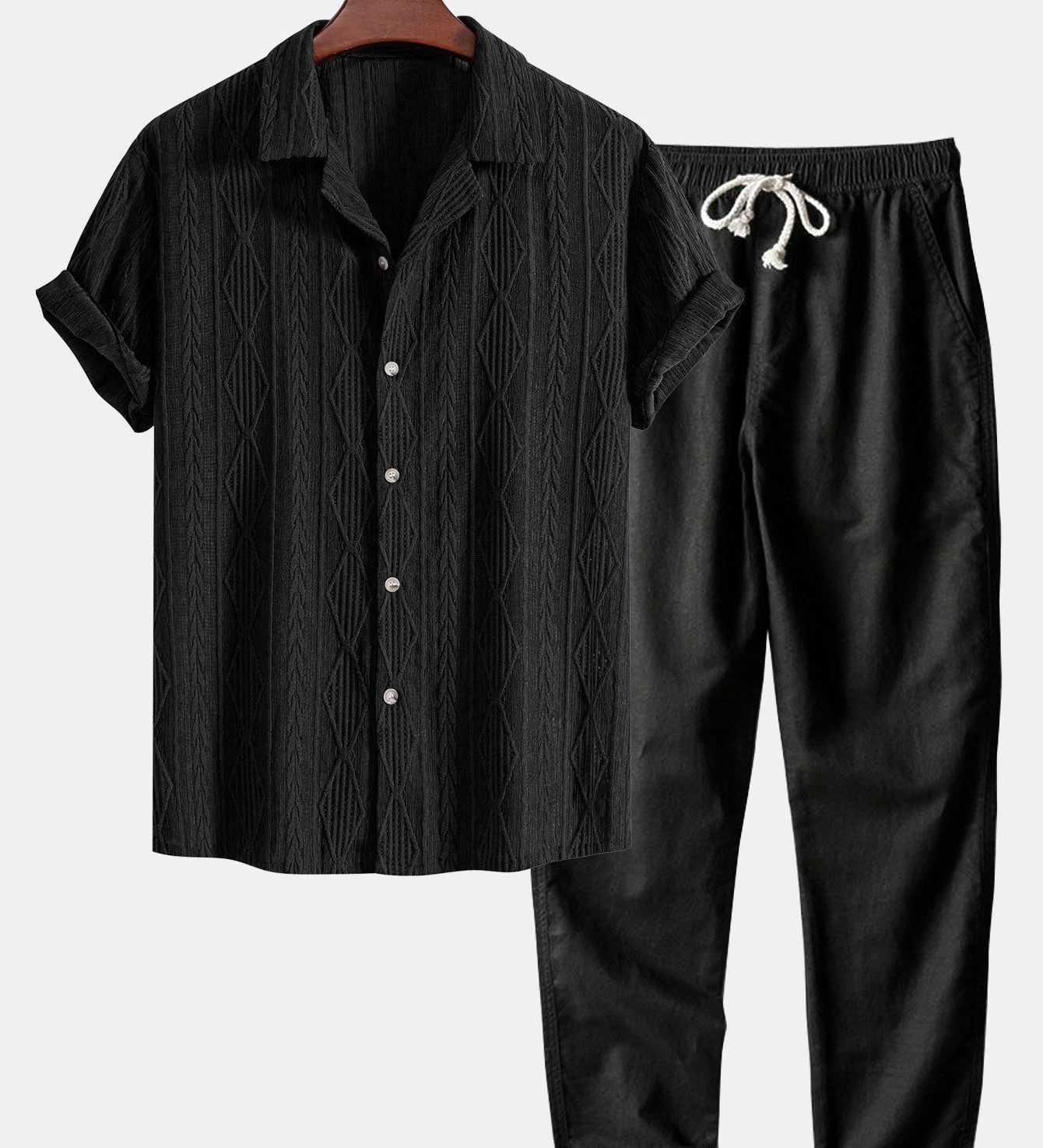 Geometrisch Jacquard Cubaanse Shirt & Rechte Linnen Broek