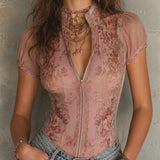 Retro-print Slim-fit Chiffon Short-sleeved Blouse