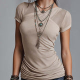 Gray Double-Layer Mesh Ruched Fitted Top