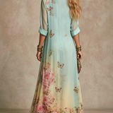 Baroque Style Mint Green Chiffon Floral Maxi Dress
