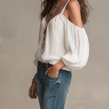Relaxed V-Neck Cold-Shoulder Boho Blouse