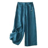 Buddha Stones Casual Solid Color One Button Women's Capri Wide Leg Pants With Pockets