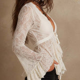 Vintage Boho Lace Flare Sleeve Tie-Front Peplum Top