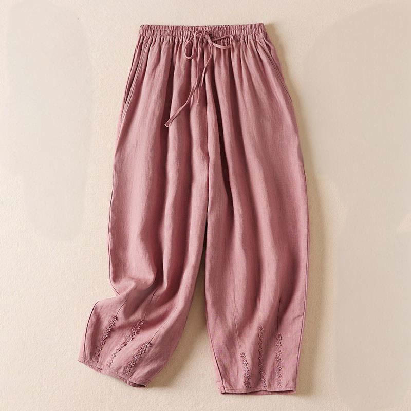 Buddha Stones Summer Small Flower Embroidery  Harem Pants With Pockets