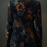 Vintage Floral Print Metal Button Polyester Velvet Blazer