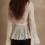 Vintage Boho Lace Flare Sleeve Tie-Front Peplum Top