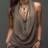 Earth-Tone Double-Layer Mesh Knit Halter Top