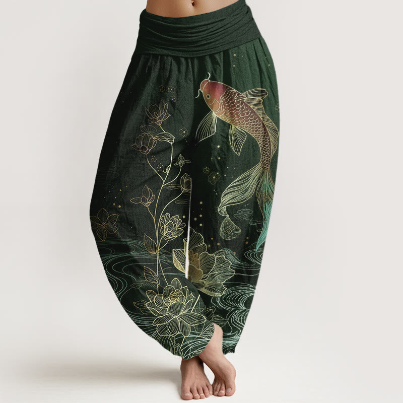 Elastic Waist Lotus Koi Pants
