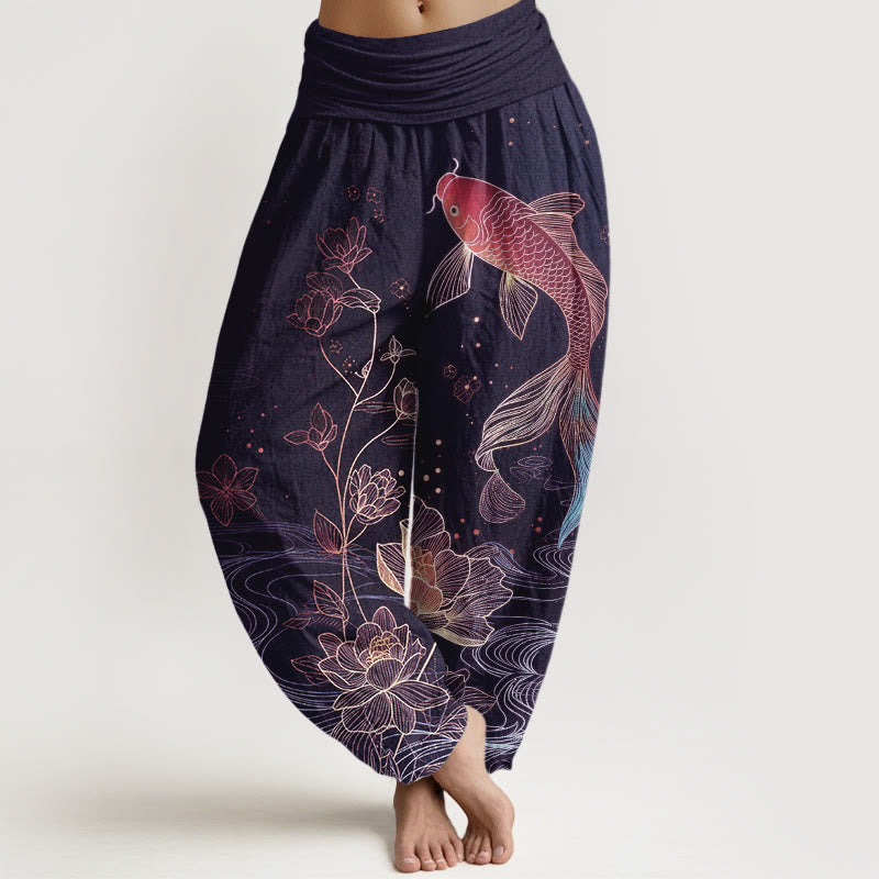 Elastic Waist Lotus Koi Pants