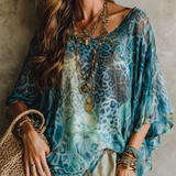 Bohemian Blue Leopard Print Batwing Sleeve Top
