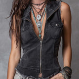 Vintage Zip-Front Distressed Hem Denim Vest