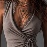 Taupe Cotton-Linen Blend Wrap-Front Lace-Trimmed Sleeveless Top
