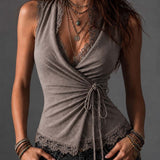 Taupe Cotton-Linen Blend Wrap-Front Lace-Trimmed Sleeveless Top