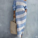 Bohemian Stripe Resort Sky Blue Off-Shoulder Knit Maxi Dress