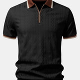 Contrast Trim Textured Zipper Knit Polo & Elastic Waist Straight Leg Trousers