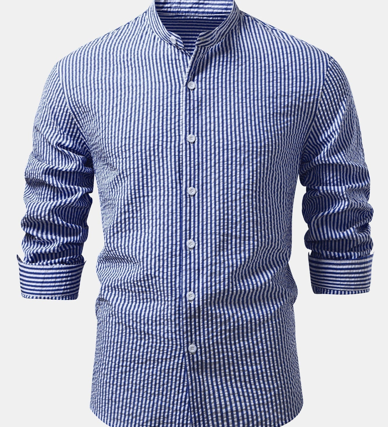 Striped Seersucker Shirt with High Collar