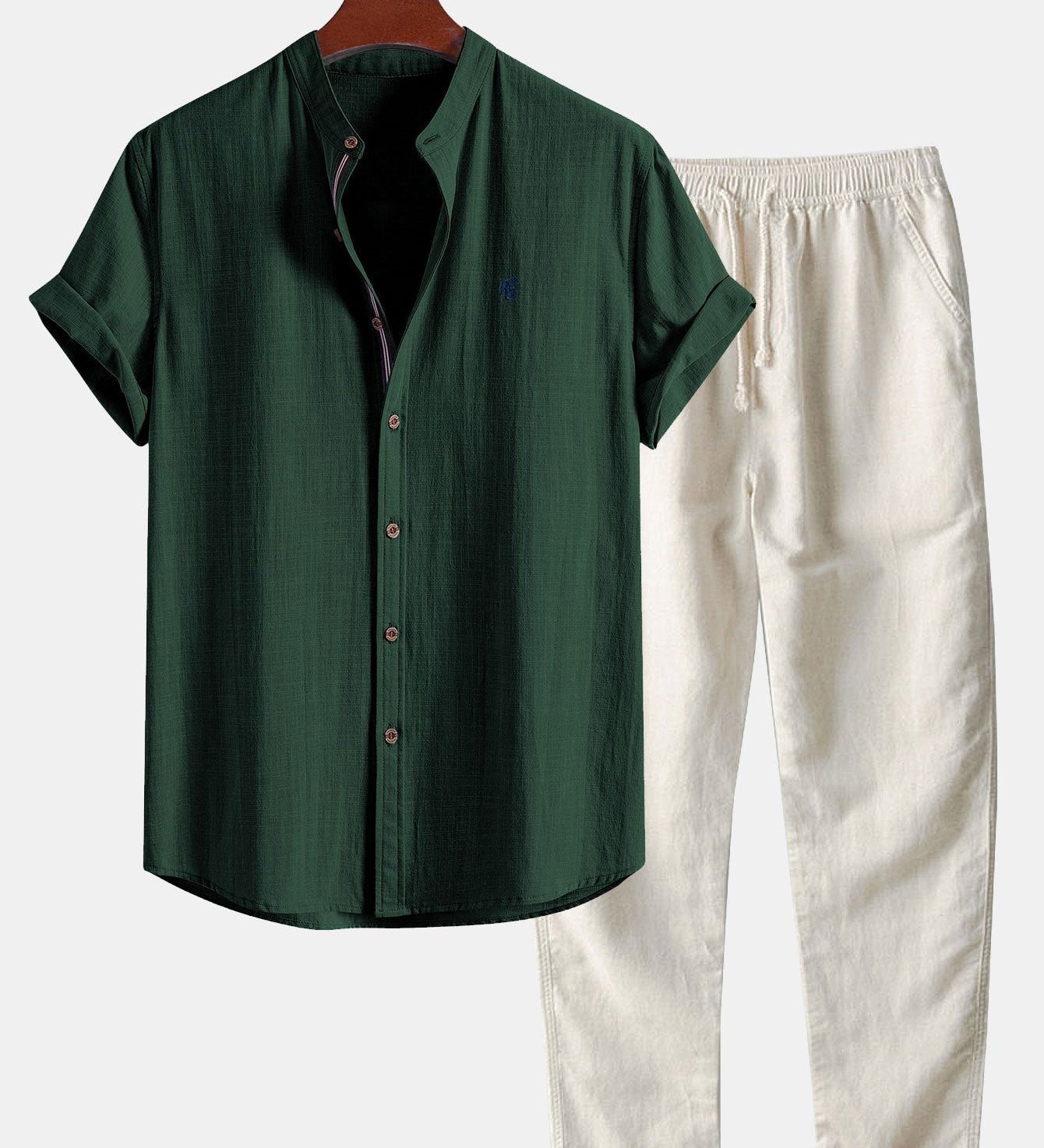 Short Sleeve Linen Look Stand Collar Shirt & Straight Leg Linen Pants