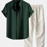 Short Sleeve Linen Look Stand Collar Shirt & Straight Leg Linen Pants