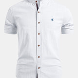 Short Sleeve Linen Look Stand Collar Shirt & Crinkle Textured Straight Leg Pants