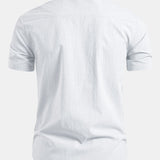 Short Sleeve Linen Look Stand Collar Shirt & Crinkle Textured Straight Leg Pants