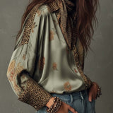 Satin Floral Button-Down Shirt With Leopard Trim