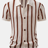 Stripe Open Knit Shirt & Crinkle Textured Drawstring 5" Shorts