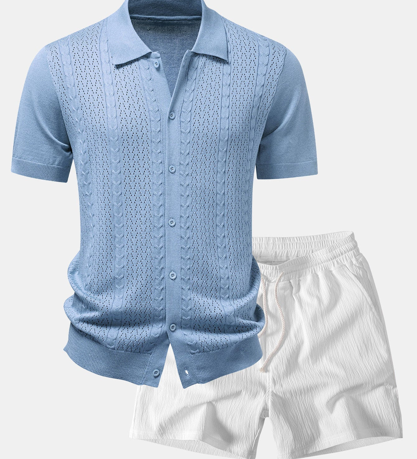 Twisted Jacquard Button Up Knit Shirt & Crinkle Textured Drawstring 5" Shorts