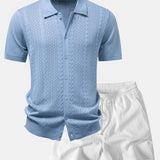 Twisted Jacquard Button Up Knit Shirt & Crinkle Textured Drawstring 5" Shorts