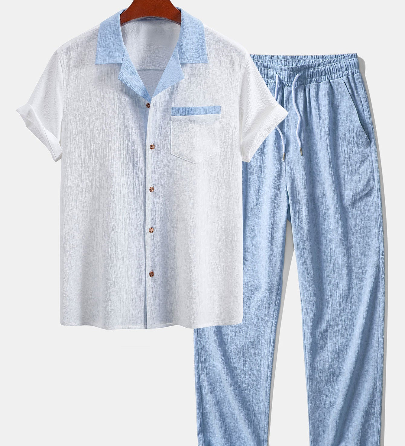 Textured Contrast Cuban Shirt & Straight Leg Pants
