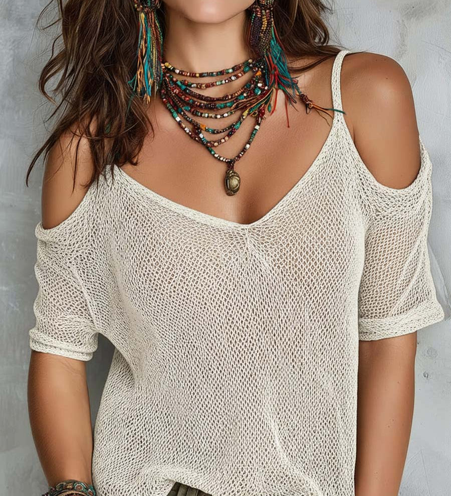Relaxed Statement Sheer Mesh Off-Shoulder Top