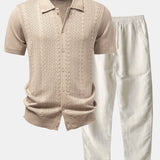 Twisted Jacquard Button Up Knit Shirt & Straight Leg Linen Pants
