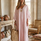 Bohemian-style Soft Pink Striped Kaftan Dress