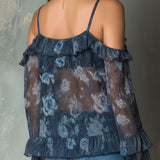 Boho Midnight Blue Ruffled Sheer Floral Off-Shoulder Blouse