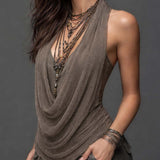 Earth-Tone Double-Layer Mesh Knit Halter Top