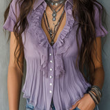 Vintage Boho Lavender Pleated Ruffled Lace Blouse