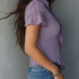 Vintage Boho Lavender Pleated Ruffled Lace Blouse