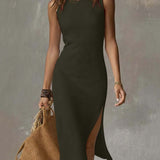Stand-collar Split-hem Cotton And Linen Midi Dress