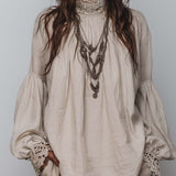 Lace-trimmed Pleated Cotton Linen Blouse