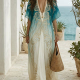 Elegant Coastal Breeze Aqua Ombre Kaftan Maxi Dress