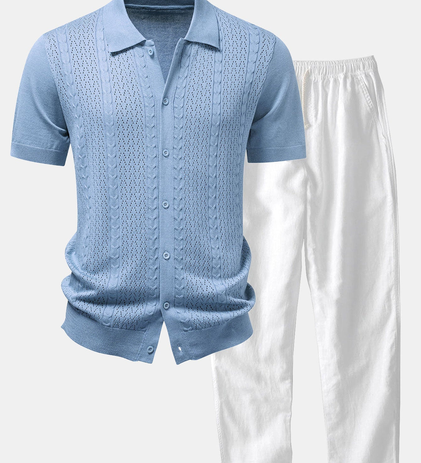 Twisted Jacquard Button Up Knit Shirt & Straight Leg Linen Pants